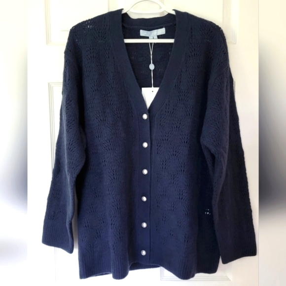 Hill House Merino Wool Simple Grandpa Cardigan Pointelle Knit Sweater in Navy L - Picture 2 of 5
